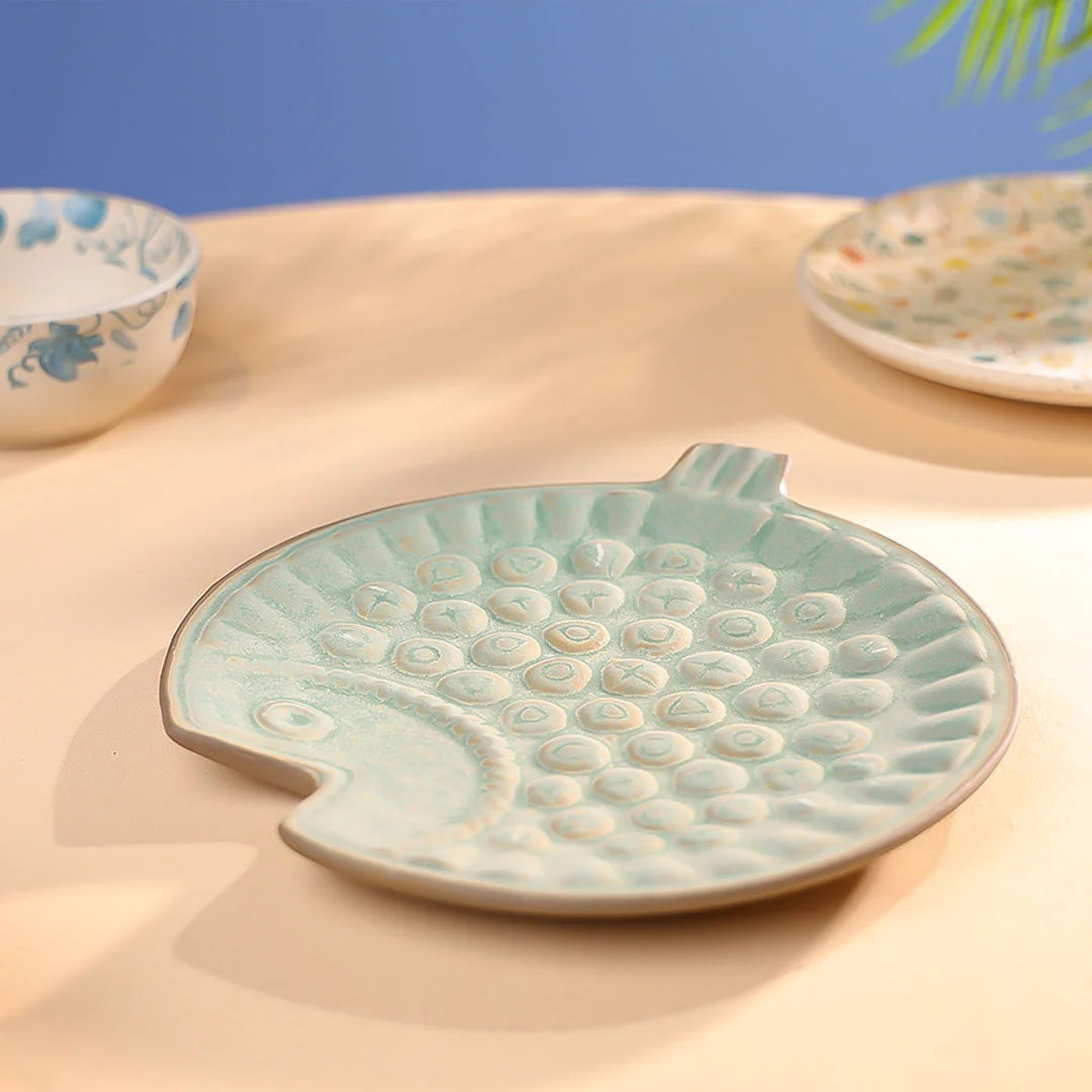 8" Studio Pottery Embossed Fish Shaped Plate
