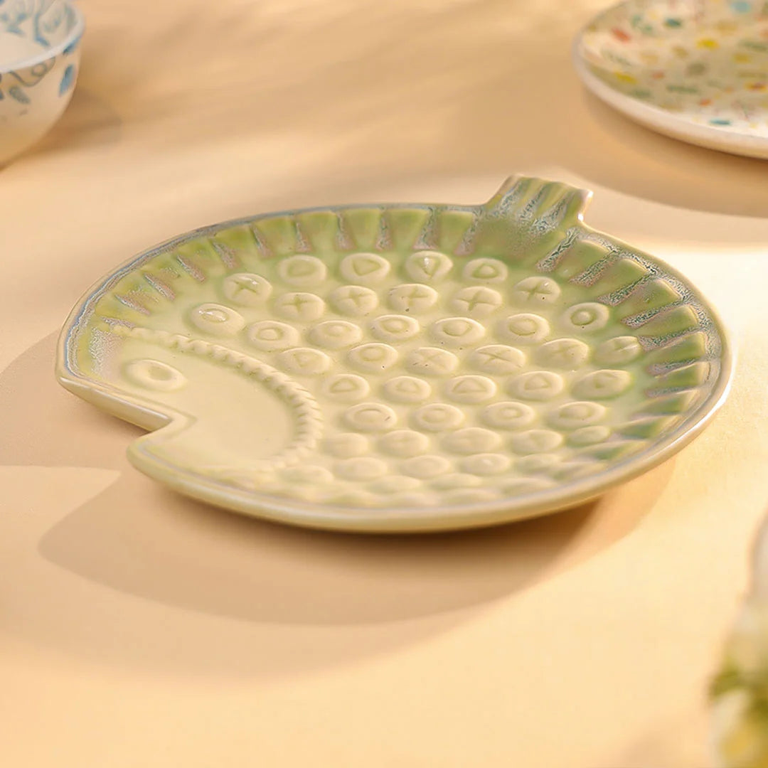 8" Studio Pottery Embossed Fish Shaped Plate