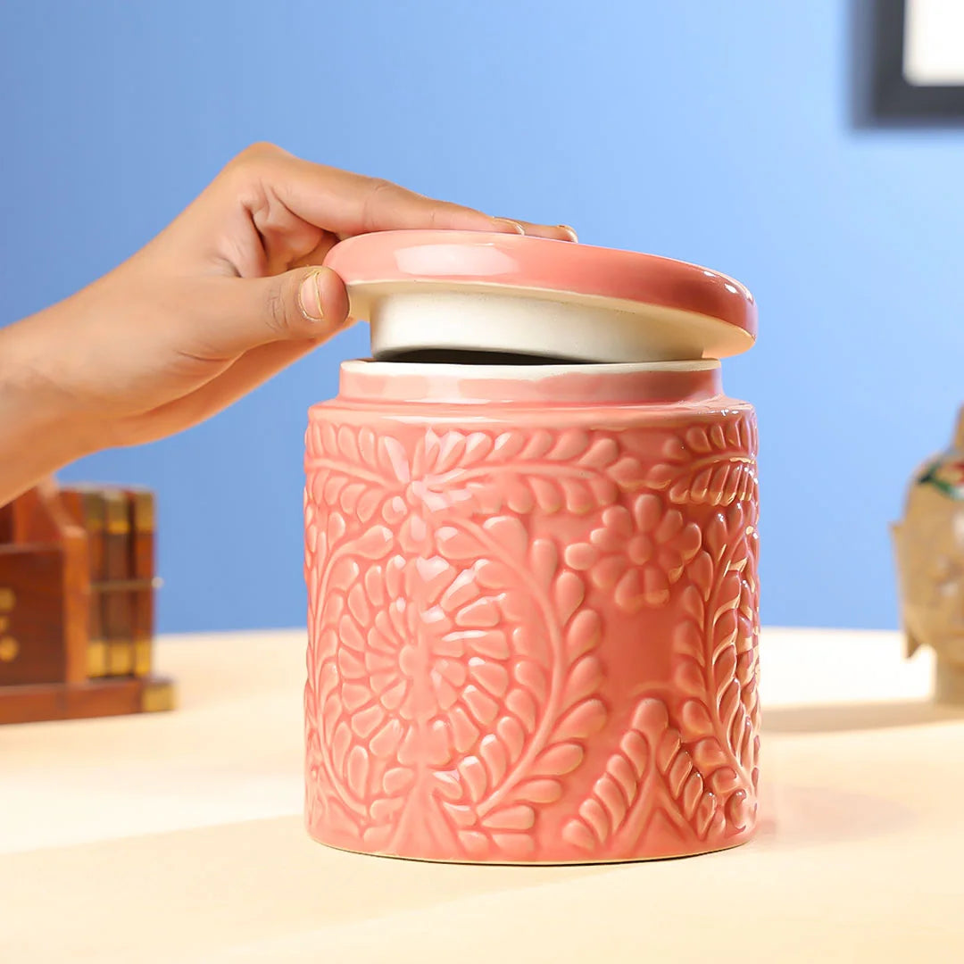 4.25" Ceramics Flower Embossed Multipurpose Jar
