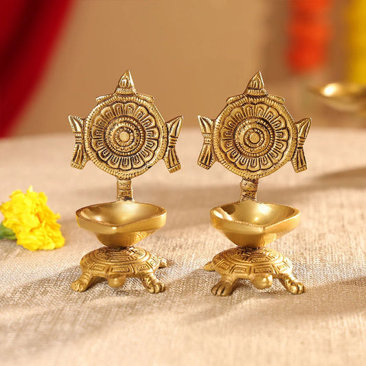 Brass Shankh And Chakra Diya On Tortoise Set