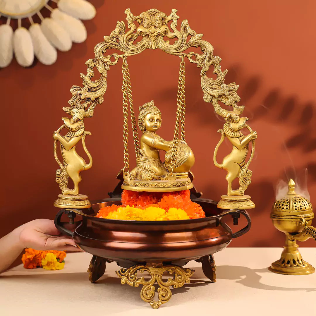 20" Coloured Brass Baby Krishna Idol Makhan Chor On Swings & Urli