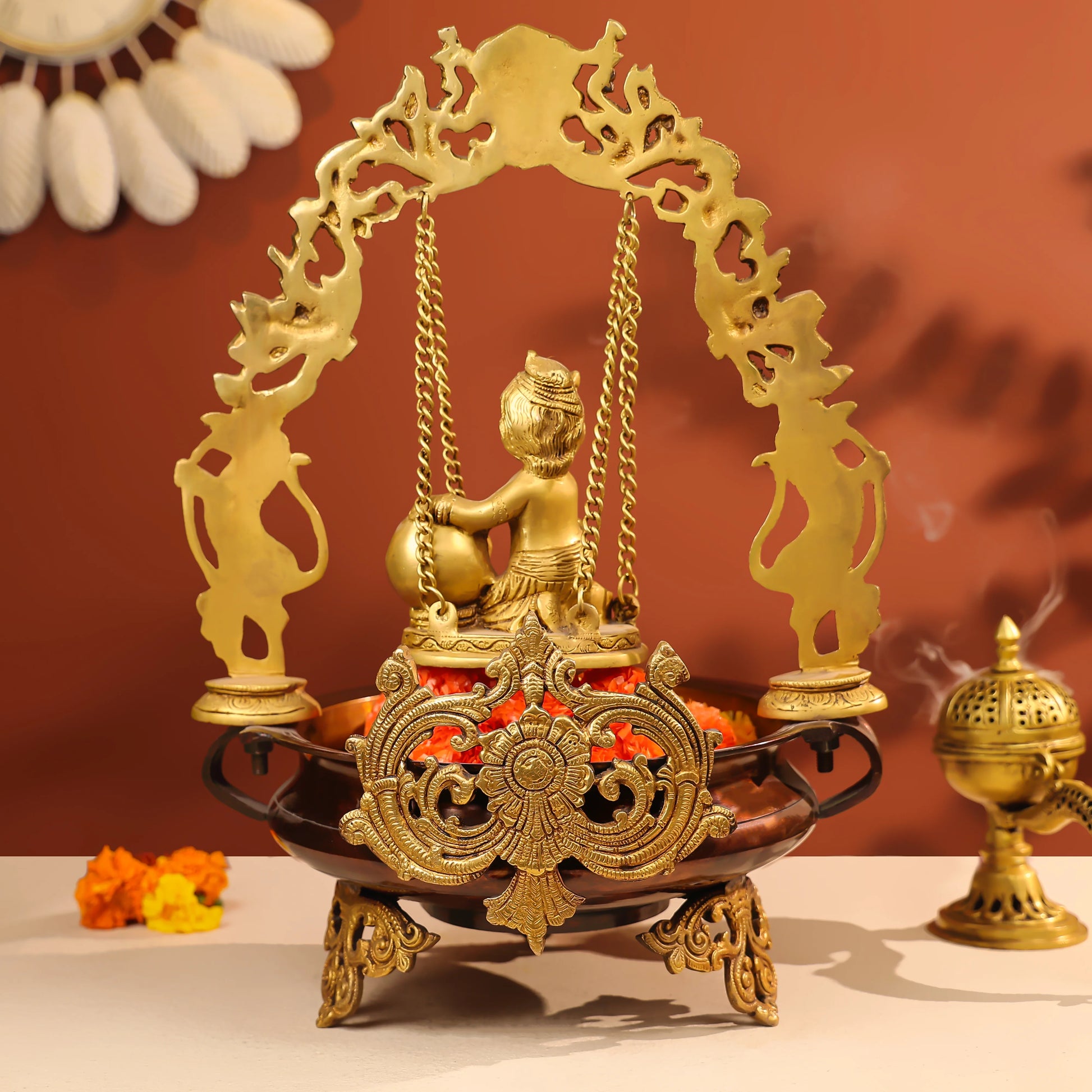 20" Coloured Brass Baby Krishna Idol Makhan Chor On Swings & Urli 6