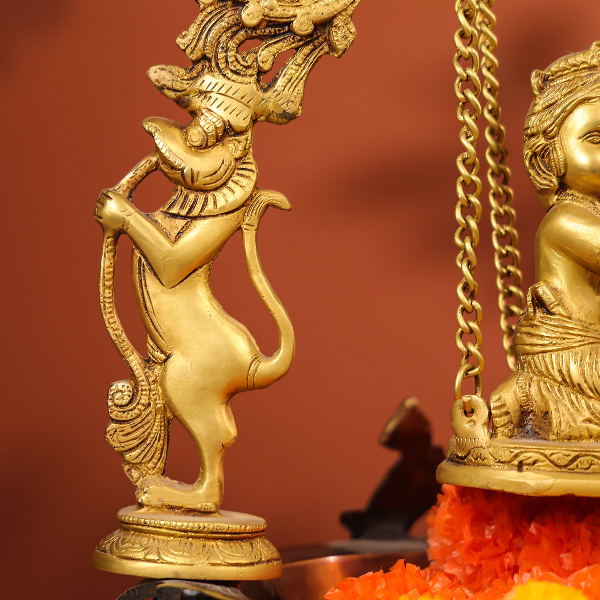 20" Coloured Brass Baby Krishna Idol Makhan Chor On Swings & Urli 7