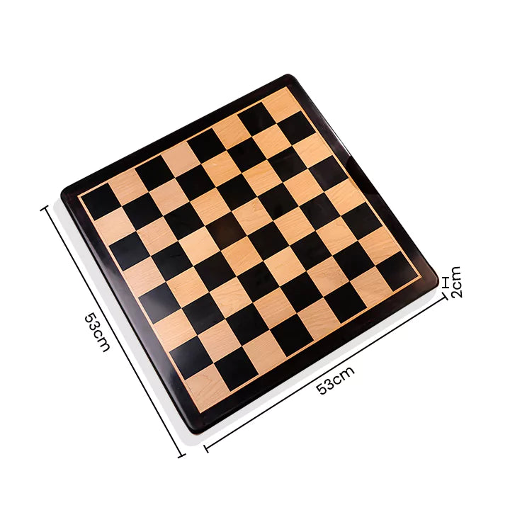 Wooden chessboard with dimensions indicated