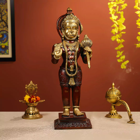 22" Coloured Brass Hanuman Idol Standing on Pedestal Antique Finish - Large