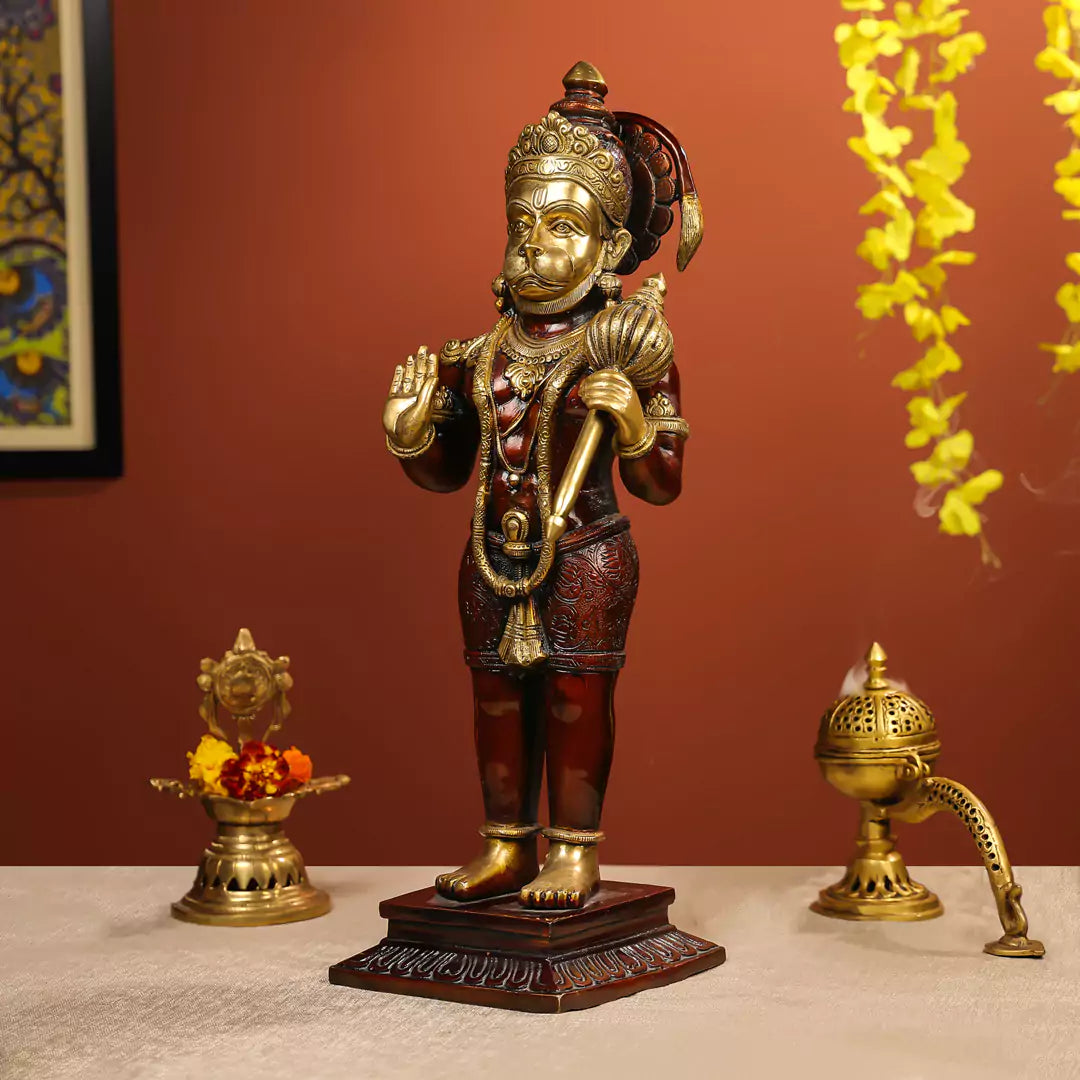 22" Coloured Brass Hanuman Idol Standing on Pedestal Antique Finish - Large