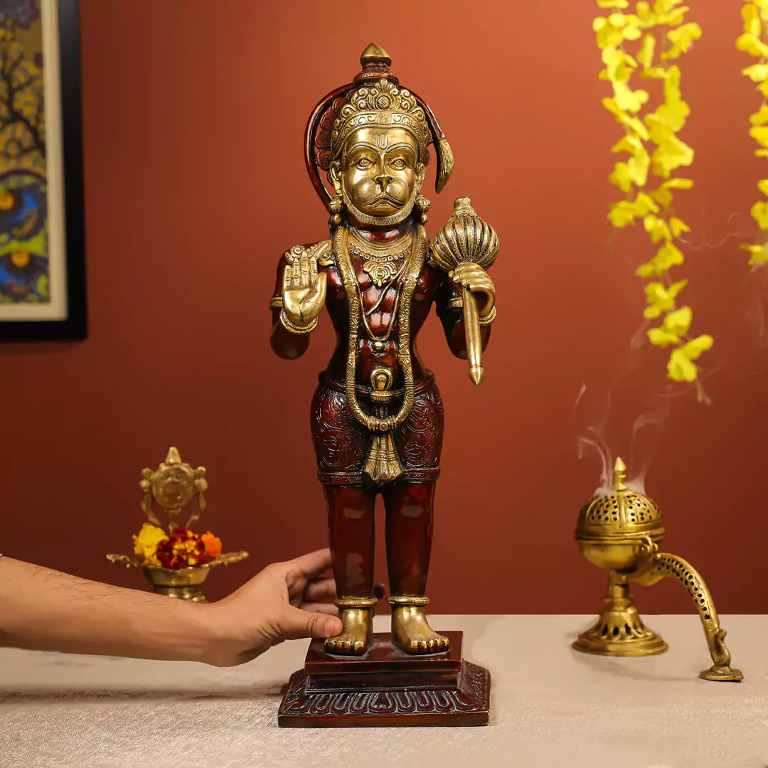 22" Coloured Brass Hanuman Idol Standing on Pedestal Antique Finish - Large