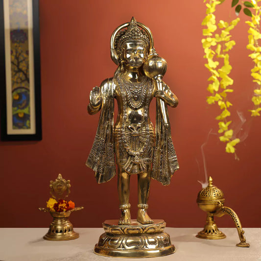 27" Brass Hanuman Idol Standing on Pedestal Black Antique Finish - Large
