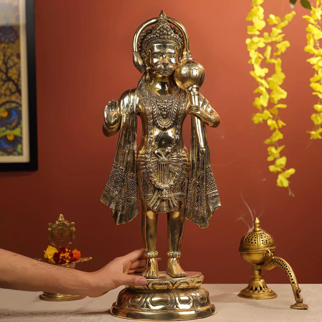 27" Brass Hanuman Idol Standing on Pedestal Black Antique Finish - Large