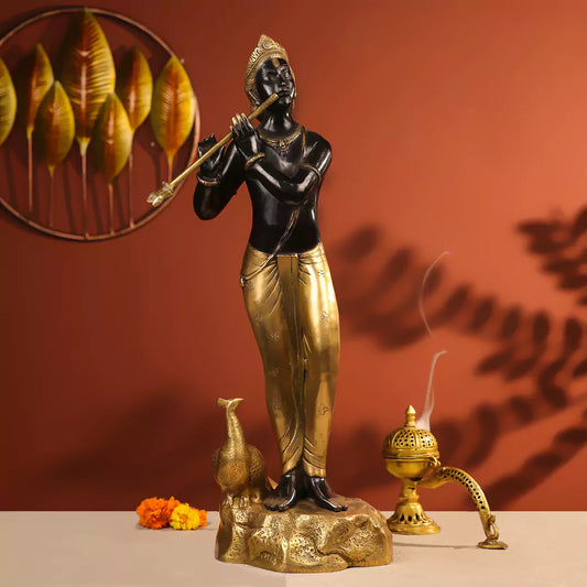 29" Coloured Brass Krishna Idol Fluting in Standing Pose with A Peacock on The Rock