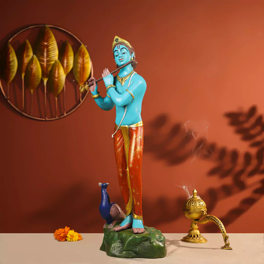 29" Coloured Brass Krishna Idol Fluting in Standing Pose with A Peacock on The Rock