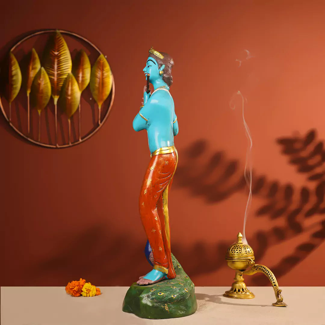 29" Coloured Brass Krishna Idol Fluting in Standing Pose with A Peacock on The Rock