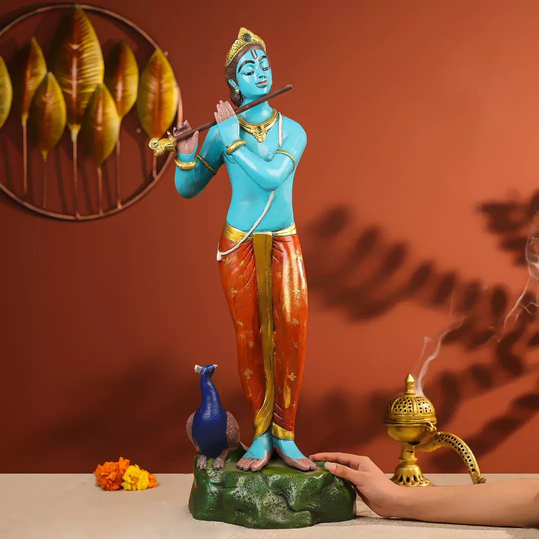 29" Coloured Brass Krishna Idol Fluting in Standing Pose with A Peacock on The Rock