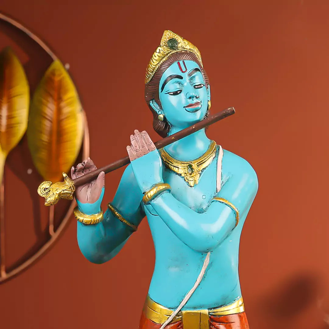 29" Coloured Brass Krishna Idol Fluting in Standing Pose with A Peacock on The Rock