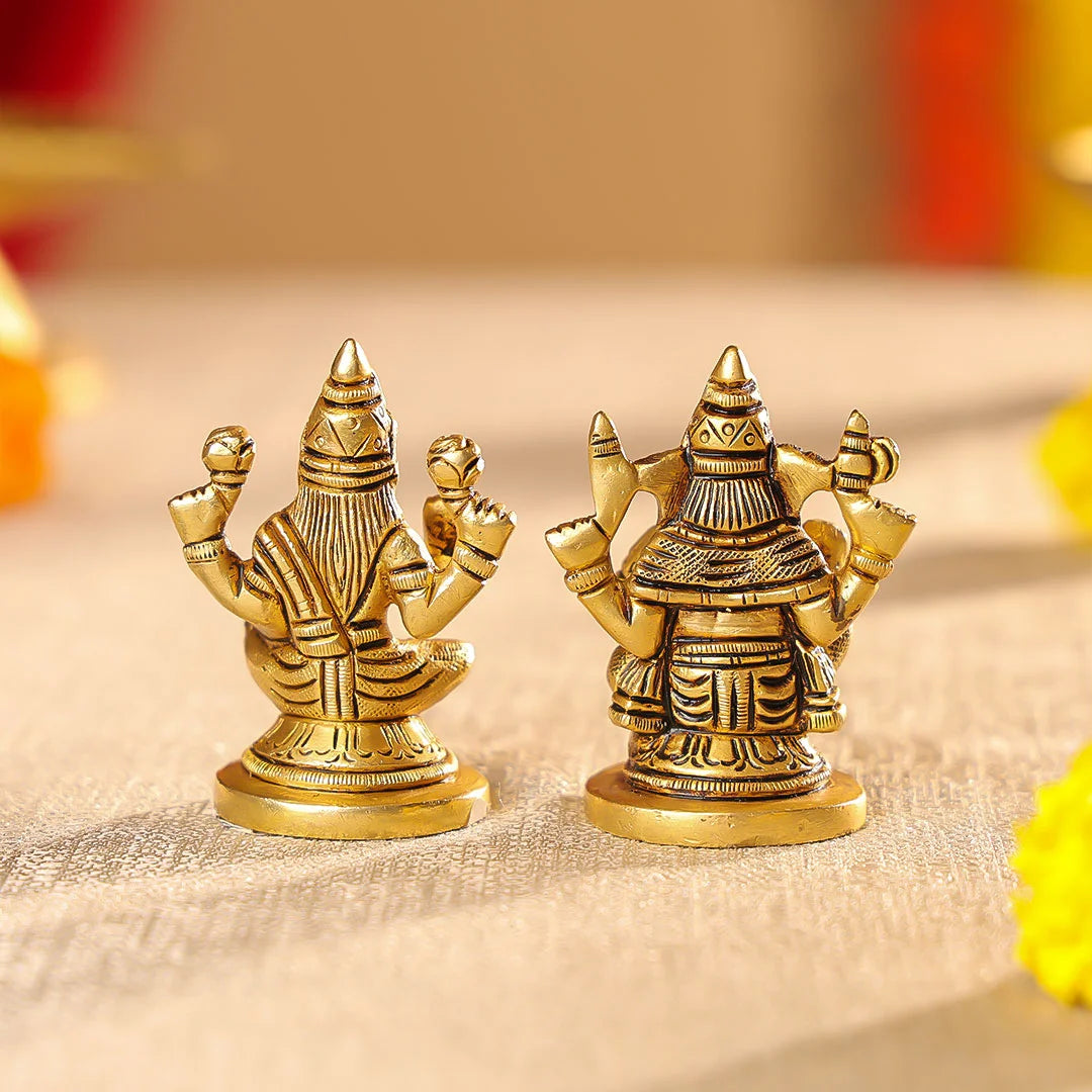 Brass Lord Ganesha & Laxmi Seated On Round Base Idol Set