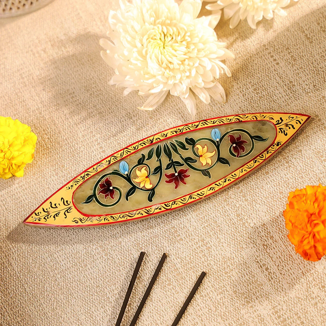8" Hand Painted Stone Crafted Boat Shaped Incense Holder Plate