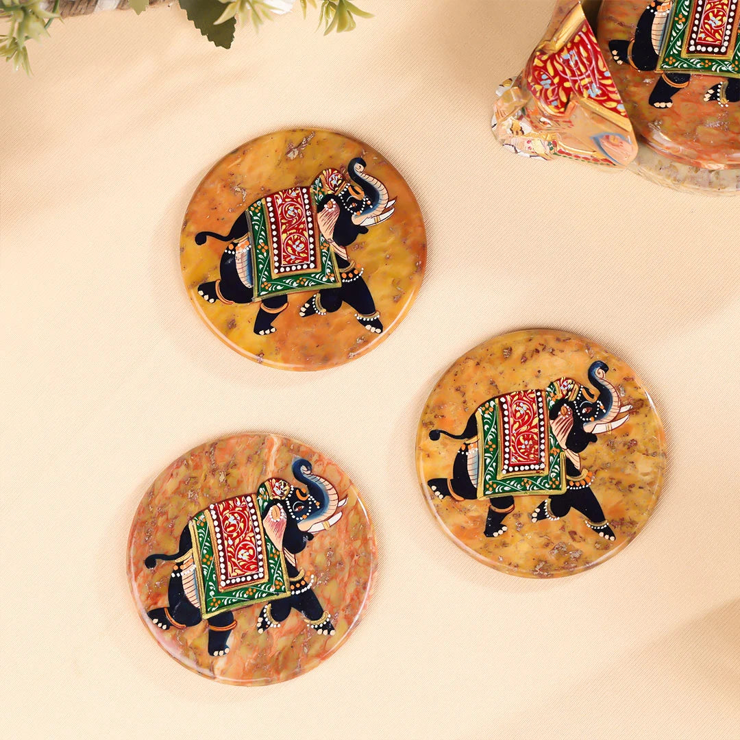 3" Hand Painted Stone Crafted with Triangular Stand Elephant Coasters Set of 6