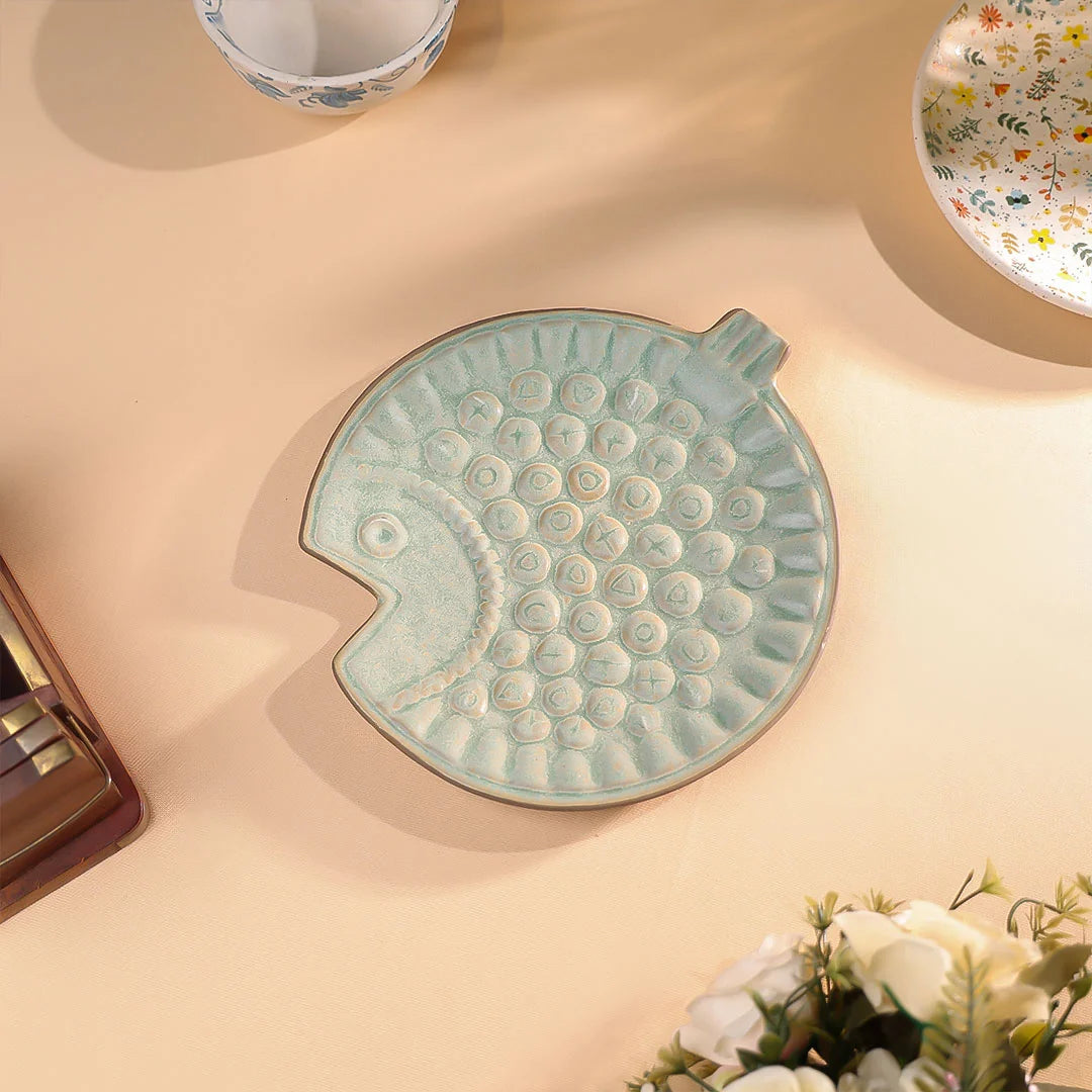 8" Studio Pottery Embossed Fish Shaped Plate