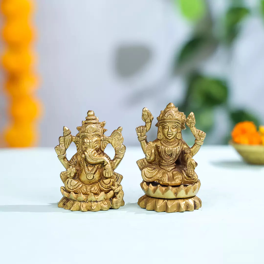 3.5" Brass Lord Ganesha & Laxmi Idol Pair seated on Lotus Flower