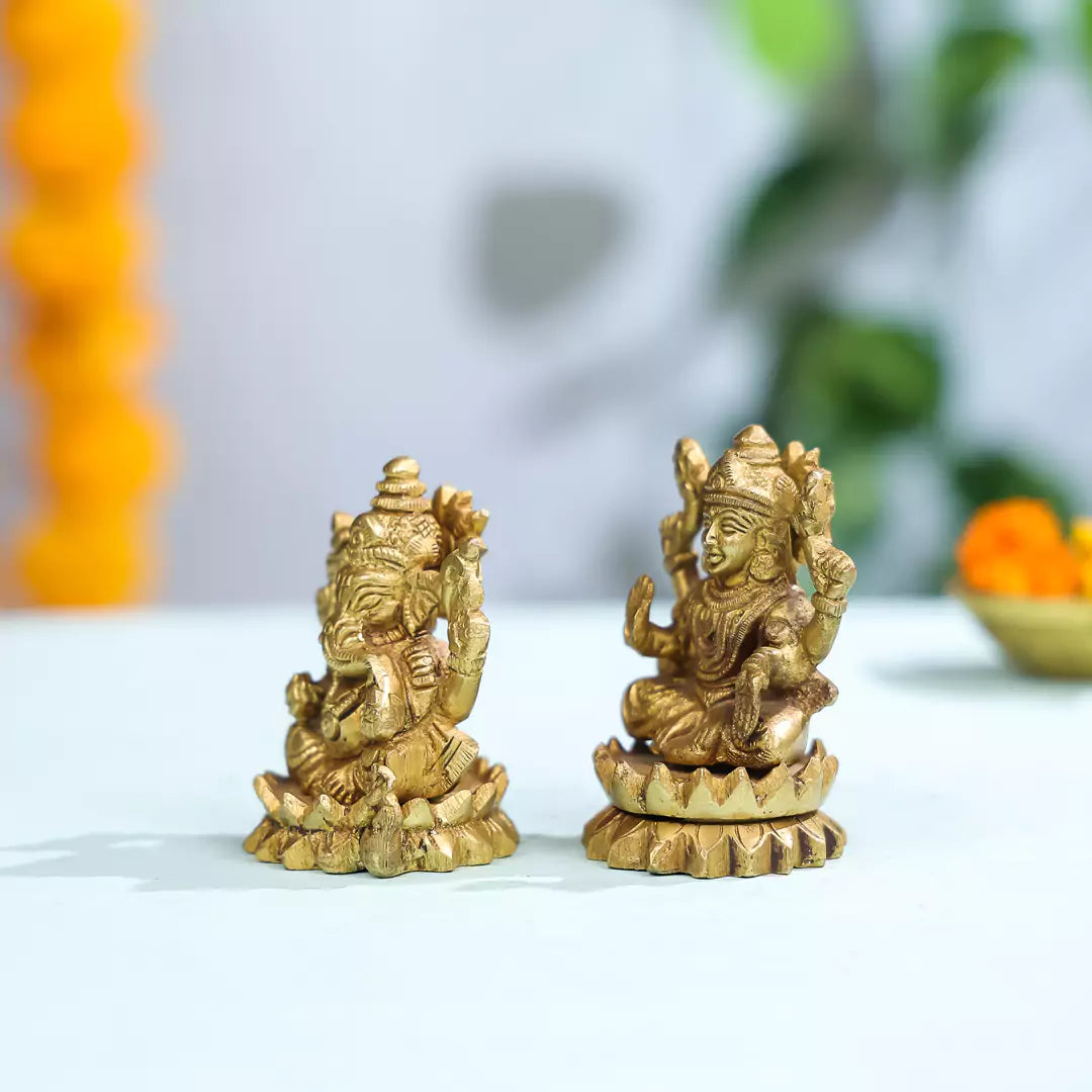3.5" Brass Lord Ganesha & Laxmi Idol Pair seated on Lotus Flower 1