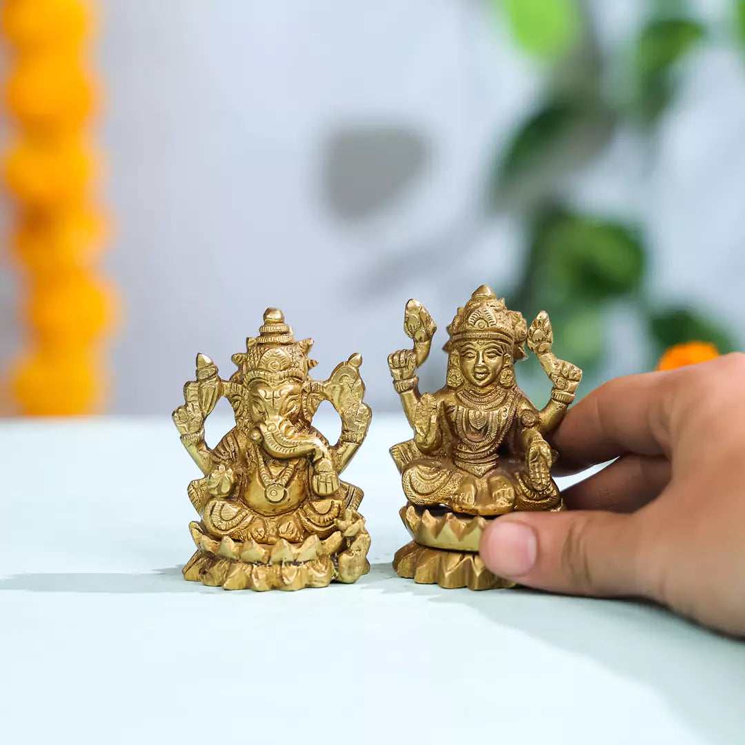 3.5" Brass Lord Ganesha & Laxmi Idol Pair seated on Lotus Flower 2