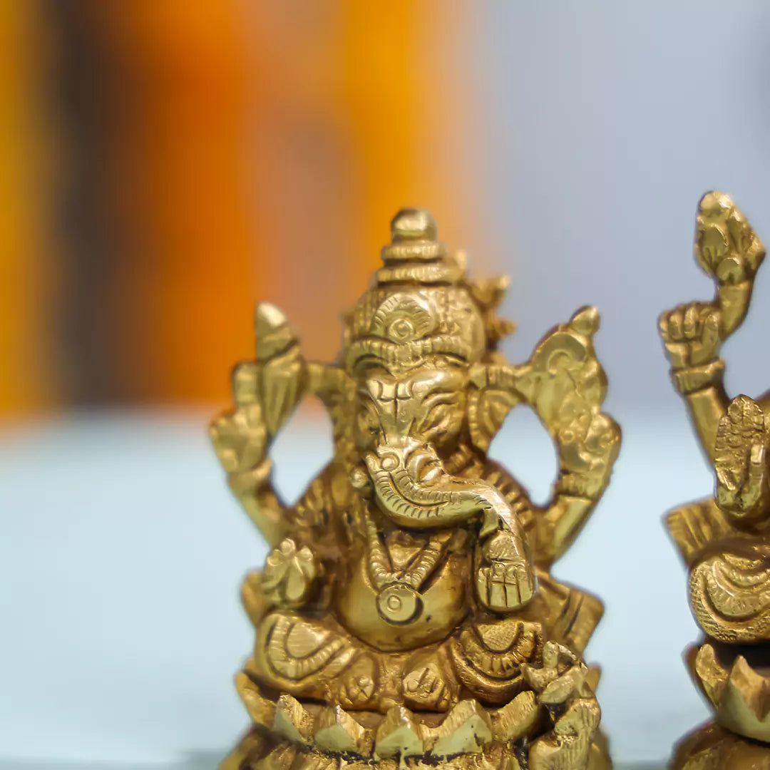 3.5" Brass Lord Ganesha & Laxmi Idol Pair seated on Lotus Flower 3