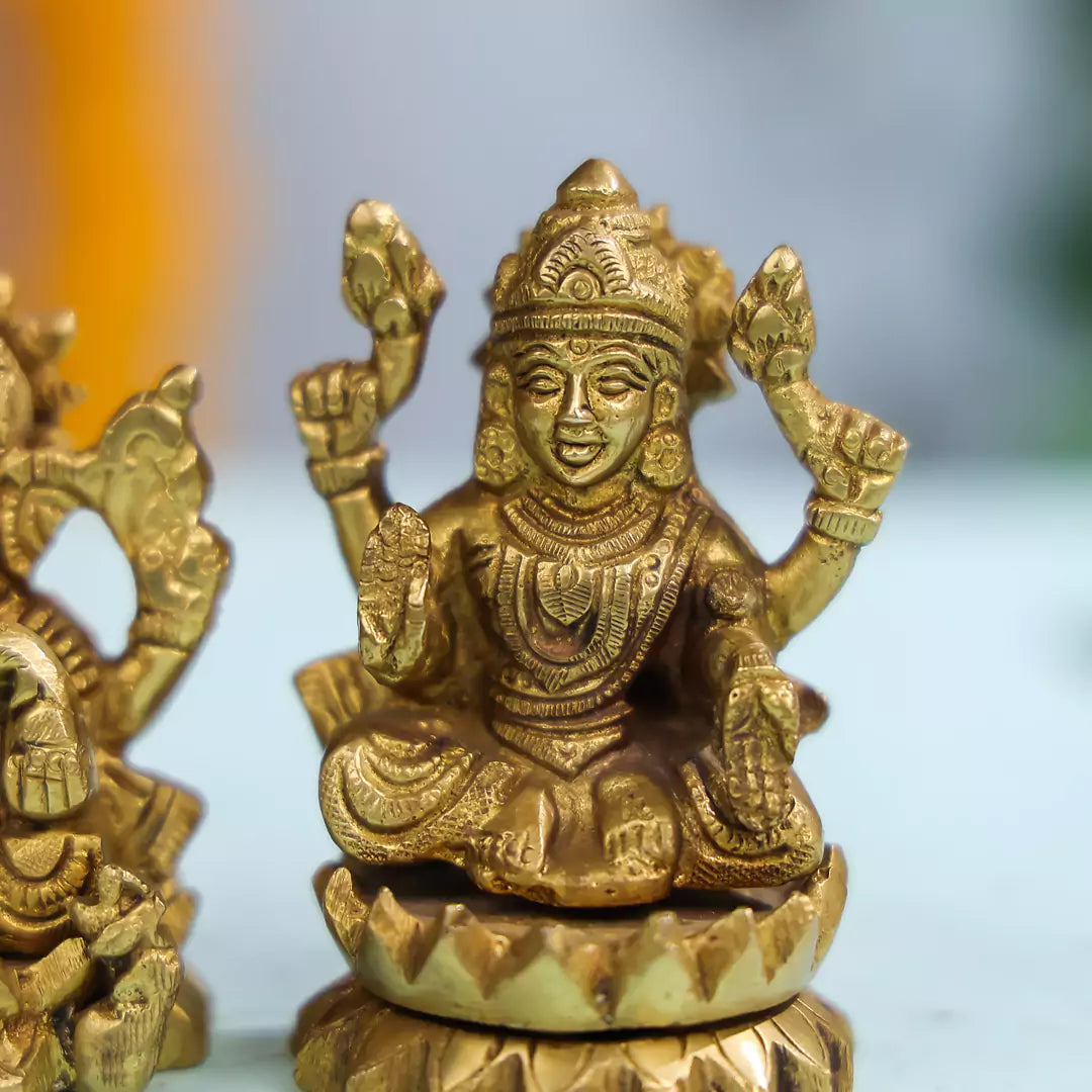 3.5" Brass Lord Ganesha & Laxmi Idol Pair seated on Lotus Flower 4