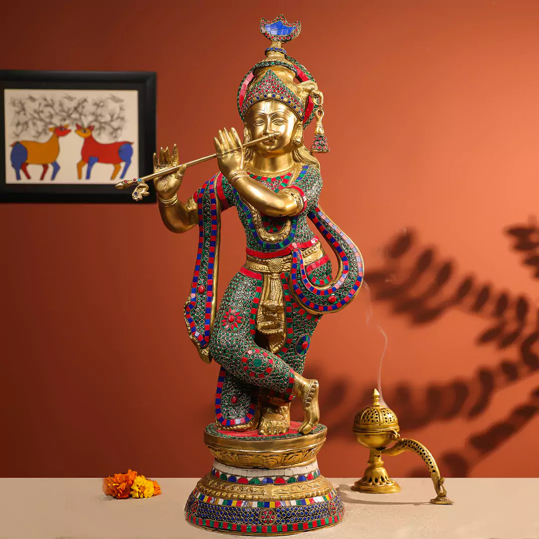 35" Brass Krishna Idol Fluting in Standing Pose on a Pedestal Stone Work - Large