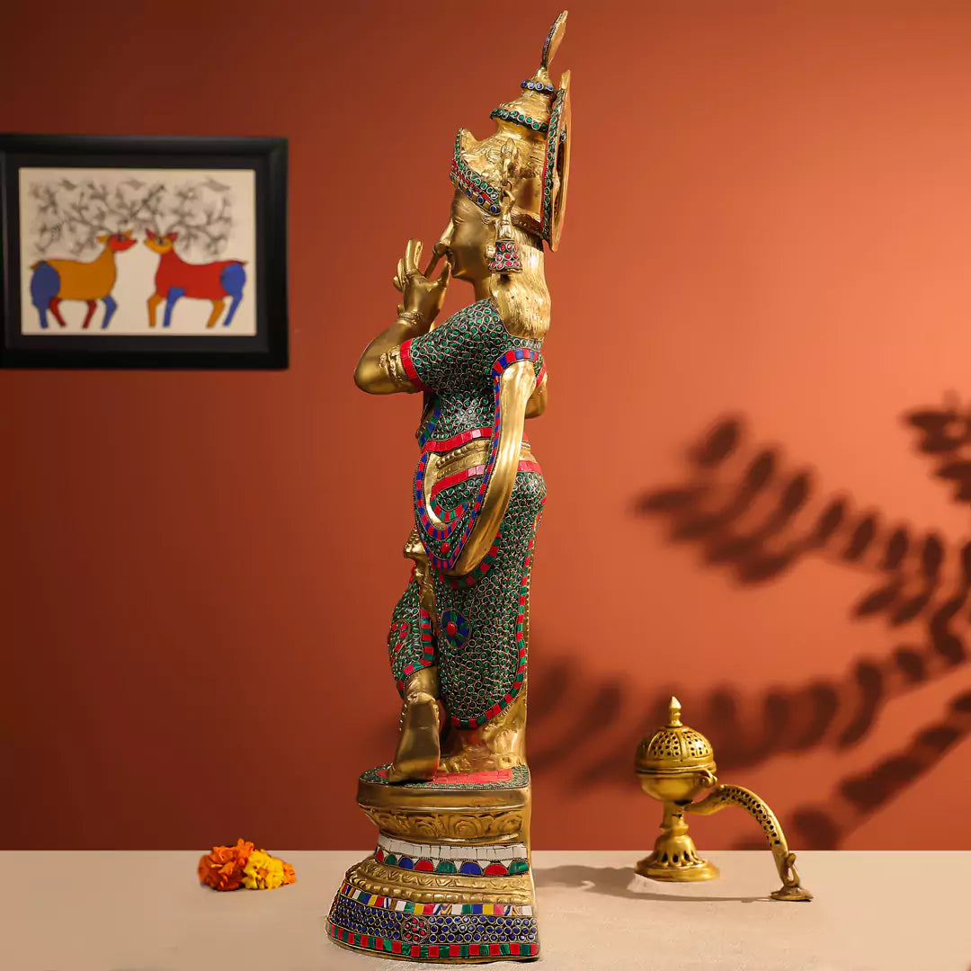 35" Brass Krishna Idol Fluting in Standing Pose on a Pedestal Stone Work - Large