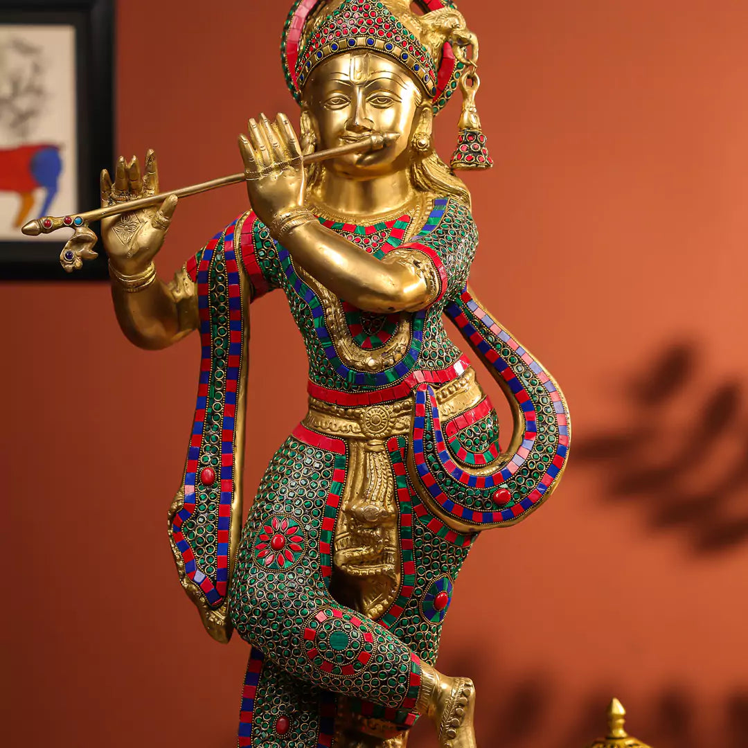 35" Brass Krishna Idol Fluting in Standing Pose on a Pedestal Stone Work - Large