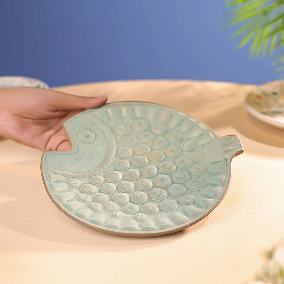 8" Studio Pottery Embossed Fish Shaped Plate