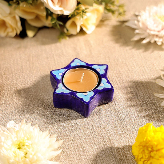 Blue Pottery Star Shaped T-Light Candle Holder Set of 2