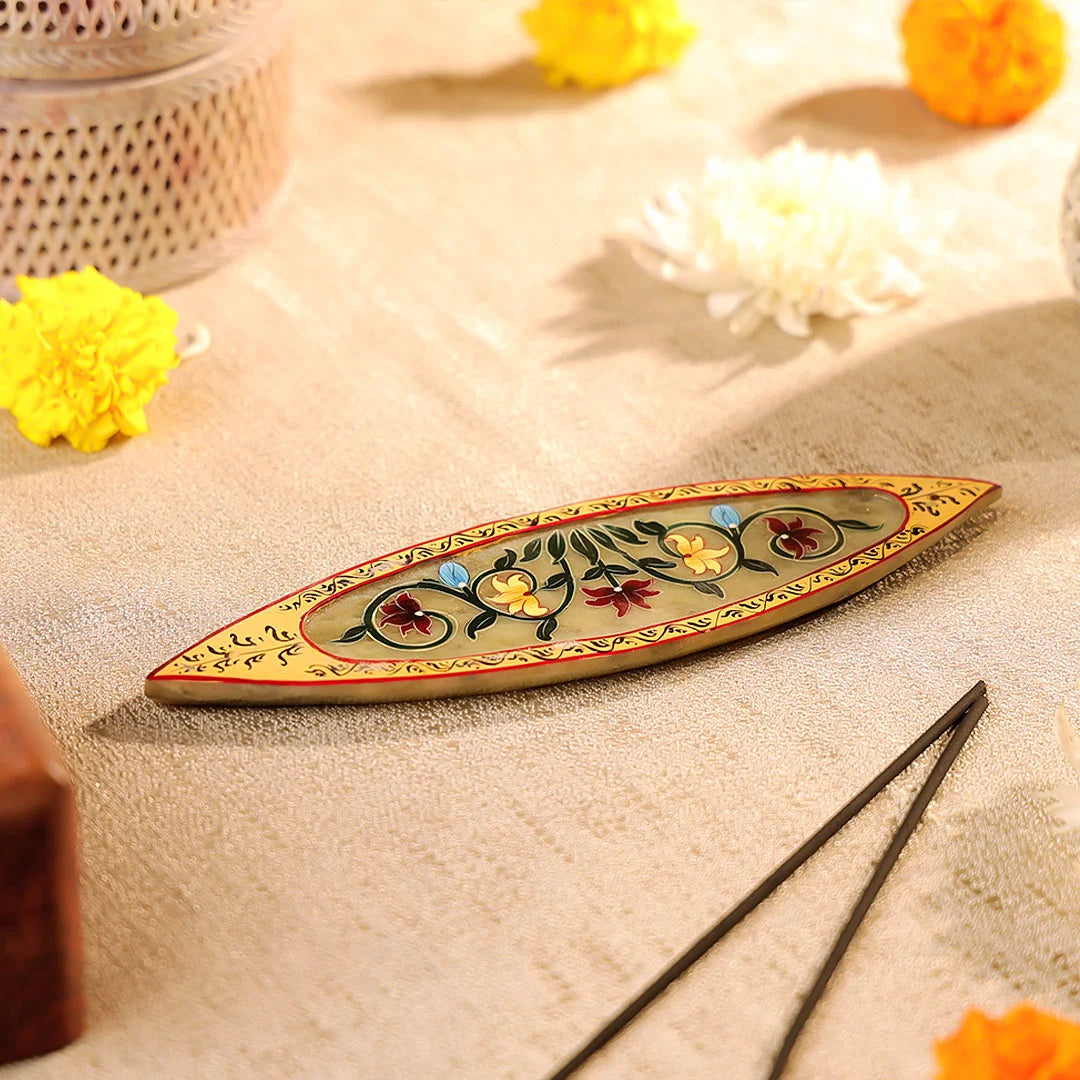 8" Hand Painted Stone Crafted Boat Shaped Incense Holder Plate