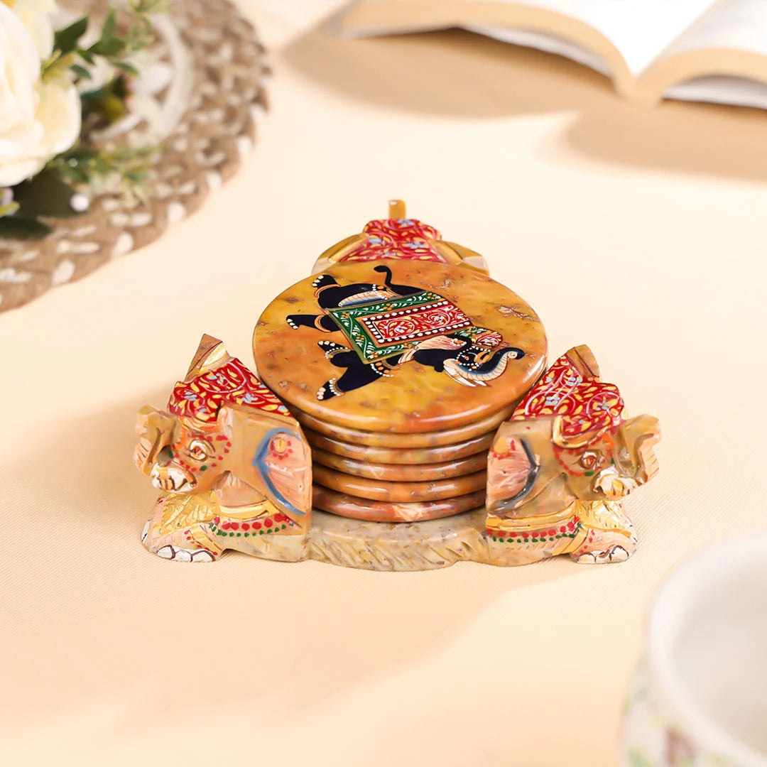 3" Hand Painted Stone Crafted with Triangular Stand Elephant Coasters Set of 6
