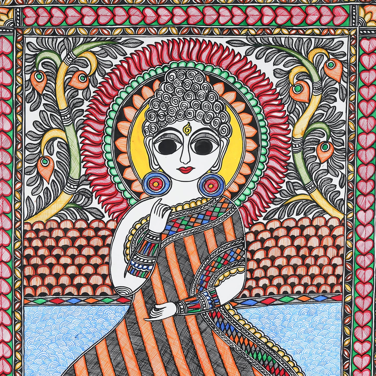 Madubani Hand-Painted Art Of Buddha Sitting On A Lotus