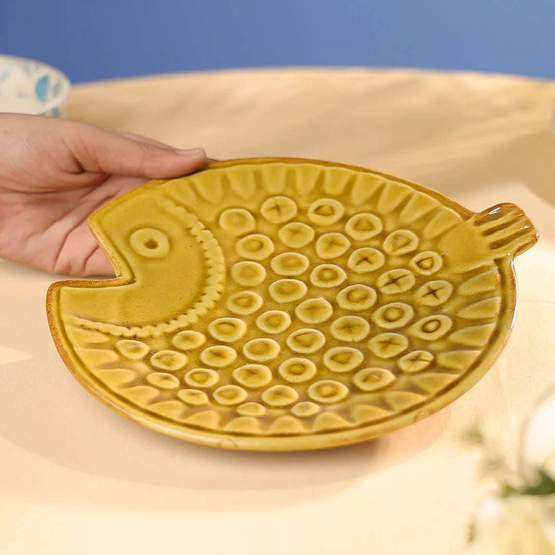 8" Studio Pottery Embossed Fish Shaped Plate