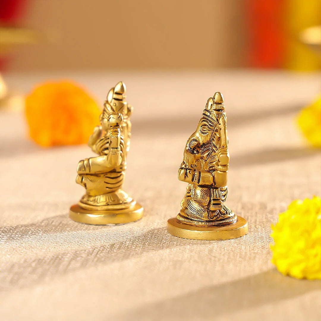 Brass Lord Ganesha & Laxmi Seated On Round Base Idol Set