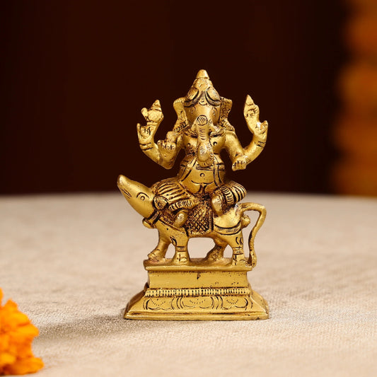 4.5 Super Fine Brass Lord Ganesha Idol Seated on Mouse