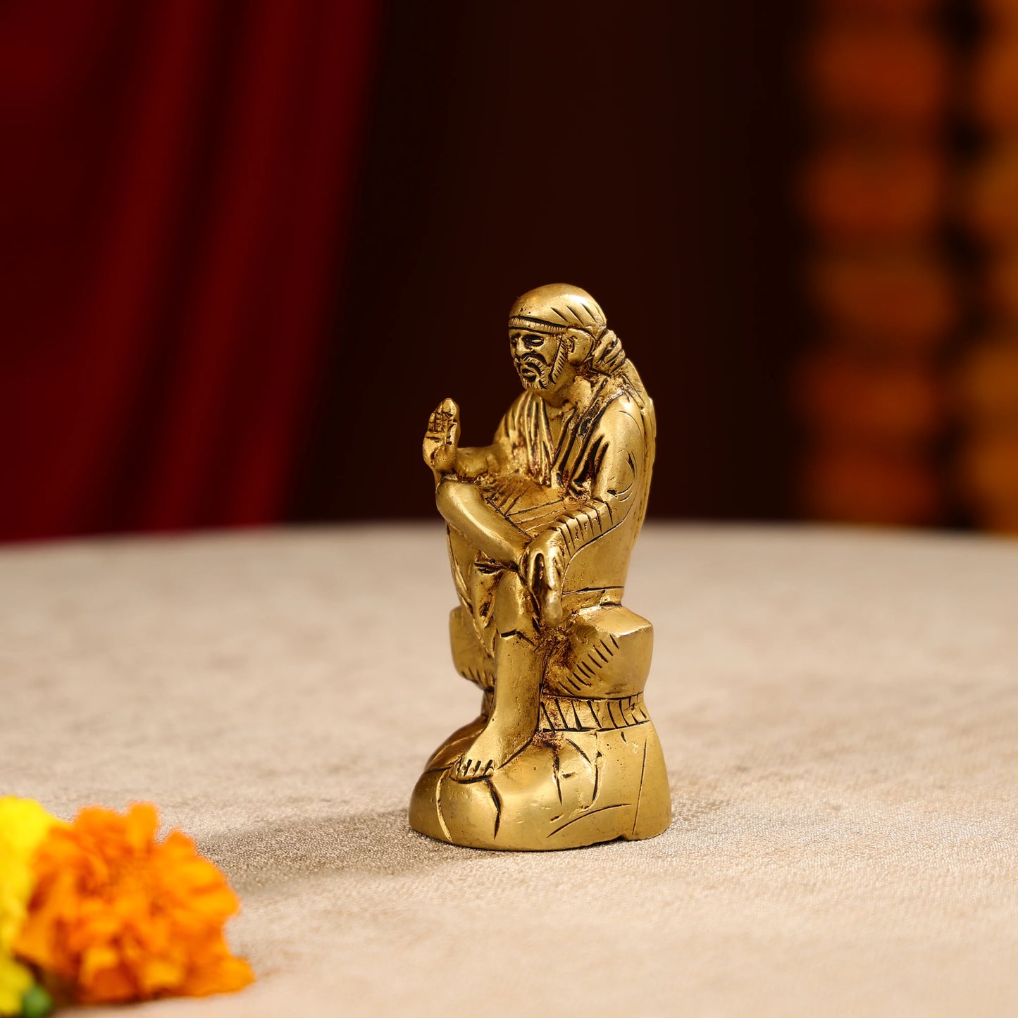 4.5 Brass Lord Sai Baba Idol Seated on Pedestal