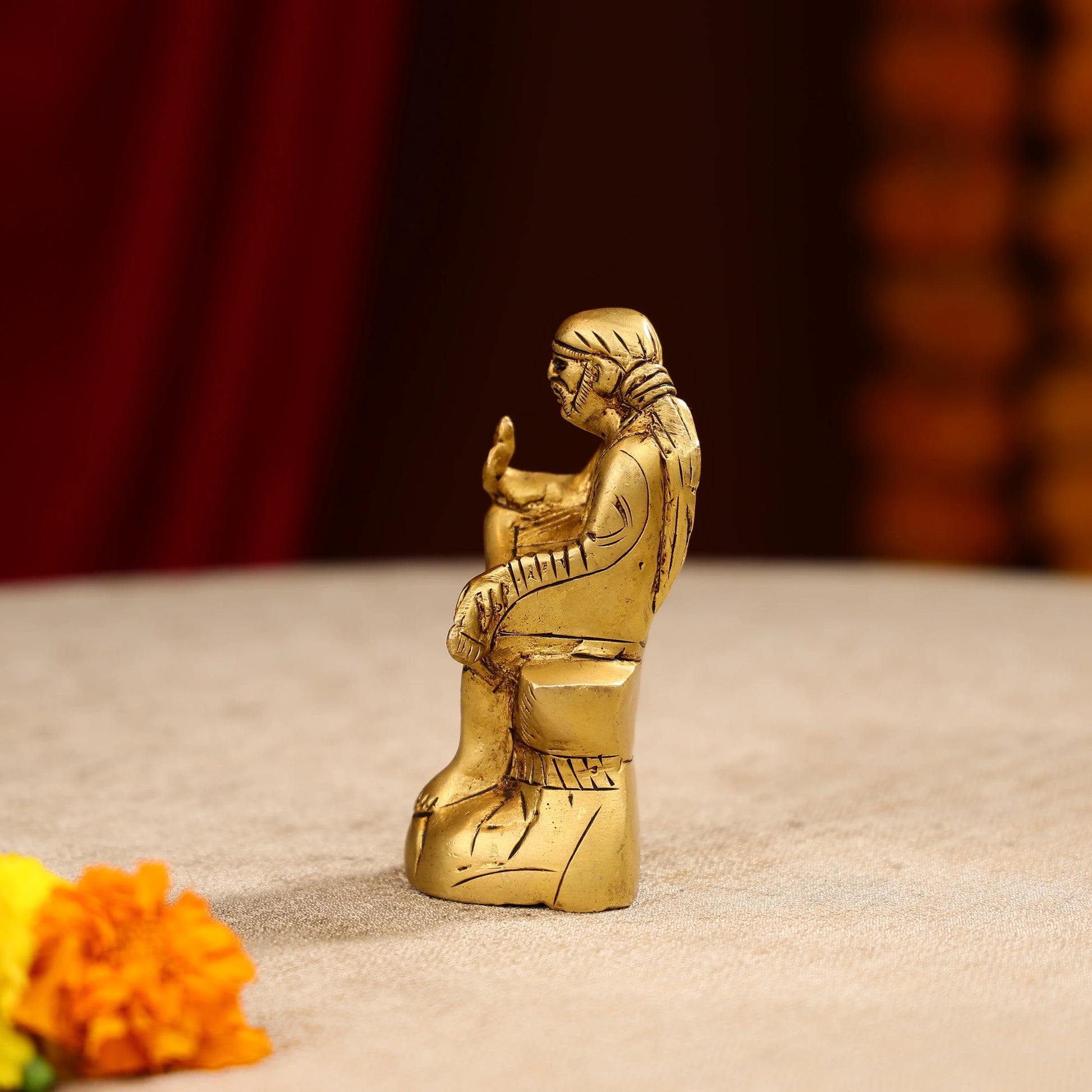 4.5 Brass Lord Sai Baba Idol Seated on Pedestal