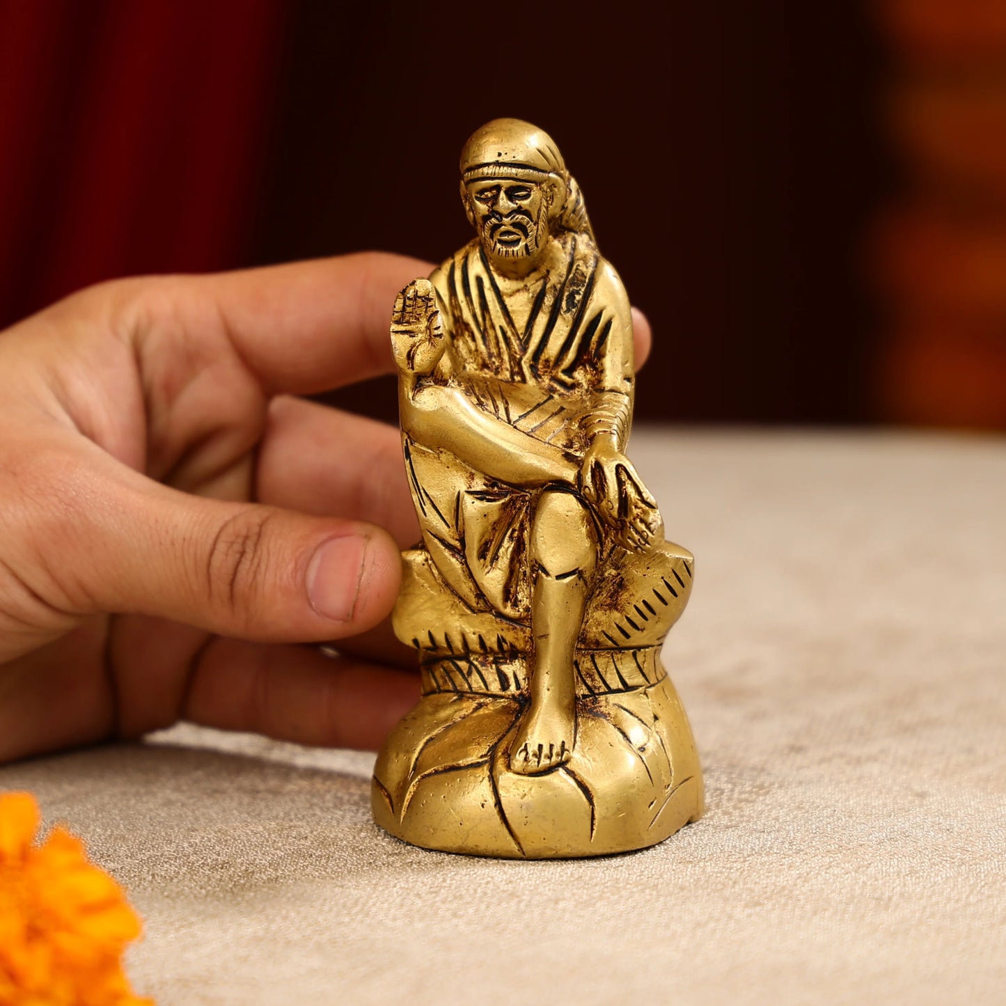 4.5 Brass Lordn Sai Baba Idol Seated on Pedestal