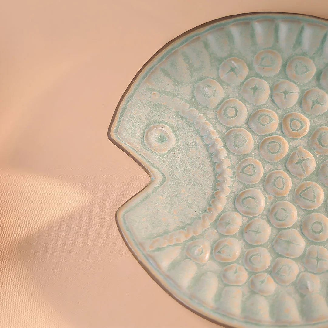 8" Studio Pottery Embossed Fish Shaped Plate