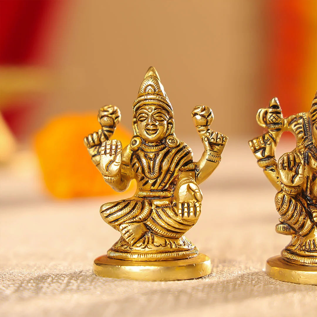 Brass Lord Ganesha & Laxmi Seated On Round Base Idol Set