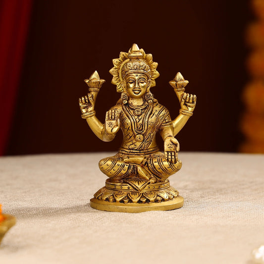5.5 Super Fine Brass Blessing Goddess Laxmi Seated On Round Base