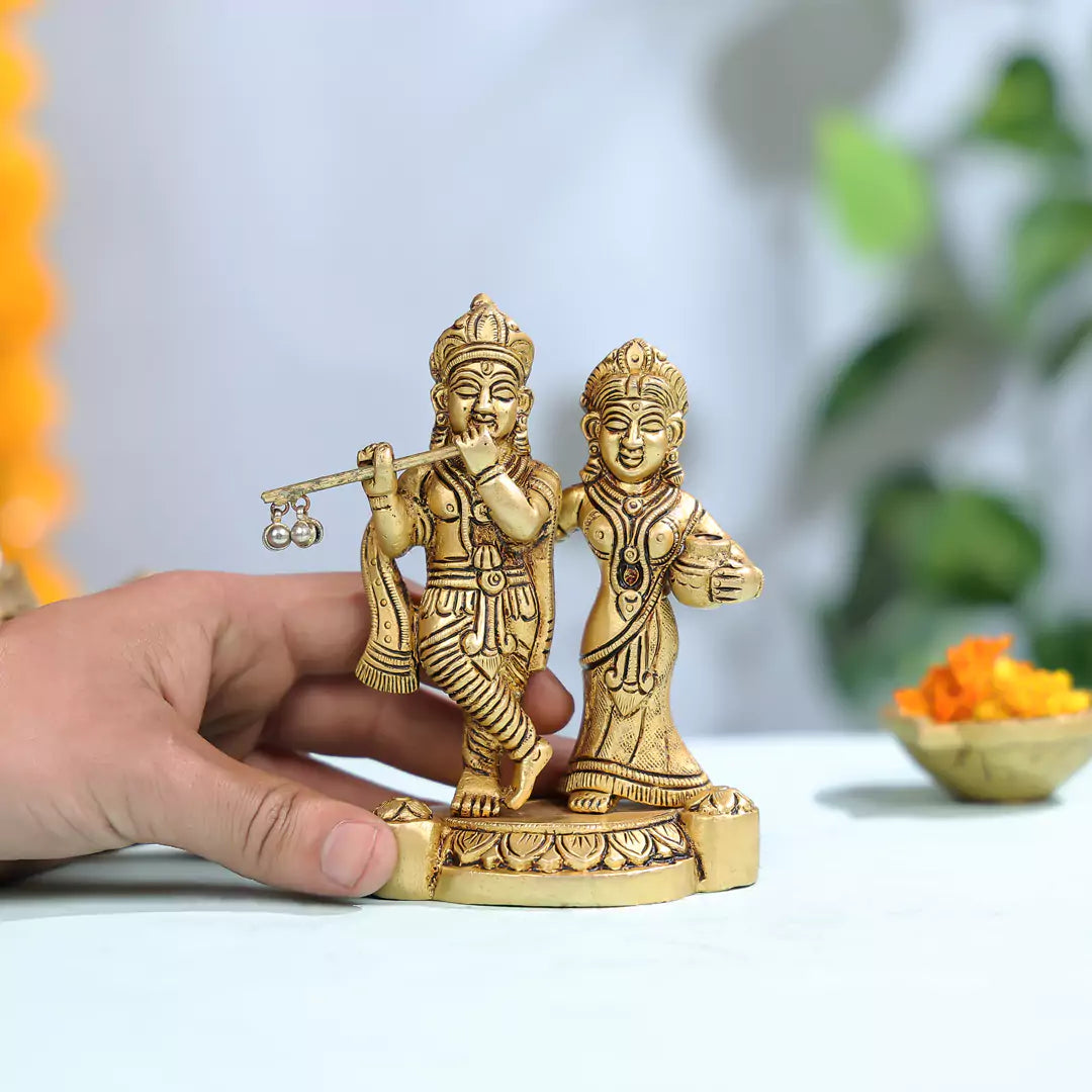 5.5" Brass Radha Krishna Standing on Pedestal Idol