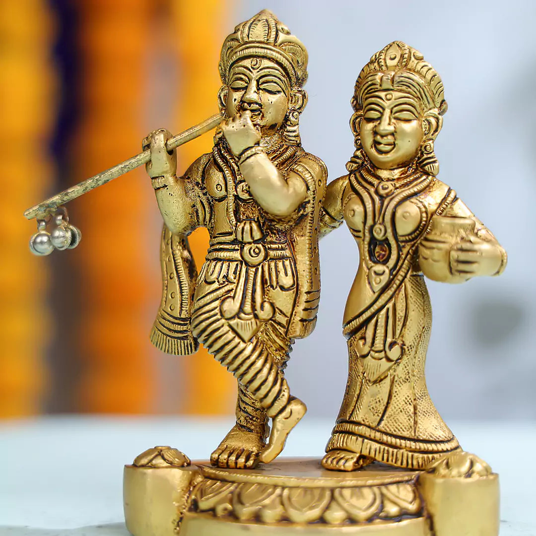 5.5" Brass Radha Krishna Standing on Pedestal Idol