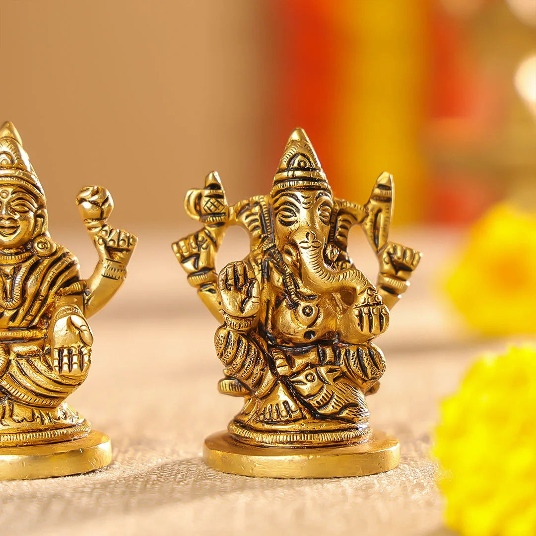Brass Lord Ganesha & Laxmi Seated On Round Base Idol Set