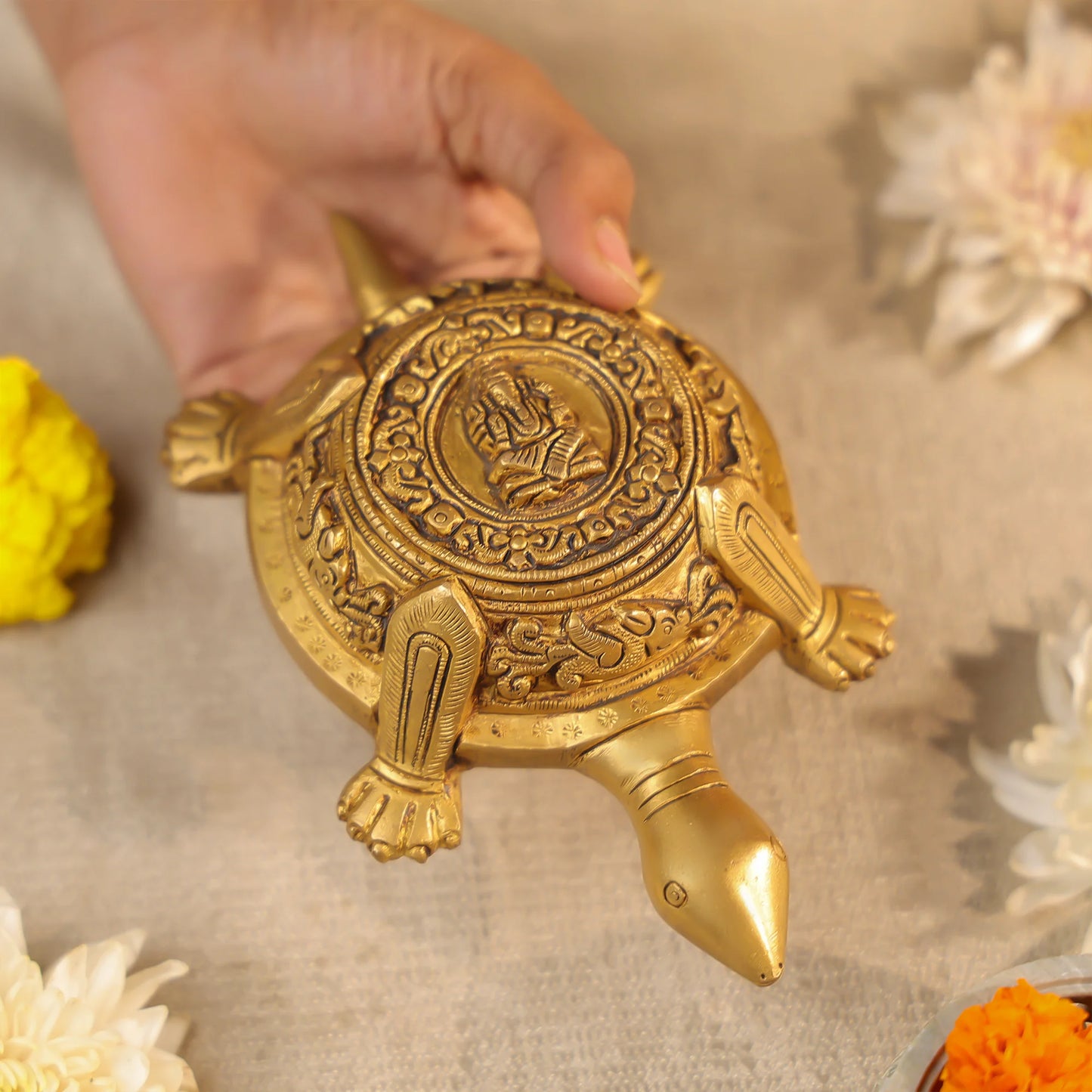 Brass Carved Vastu Tortoise With Ganesha Figure