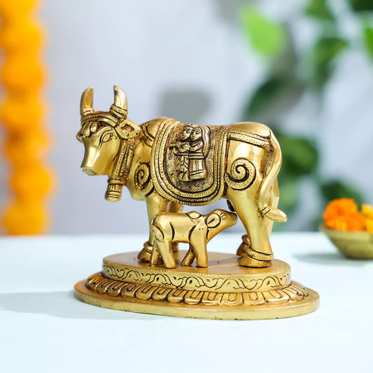 5" Brass Cow & Calf With Carved Radha Krishna Idol