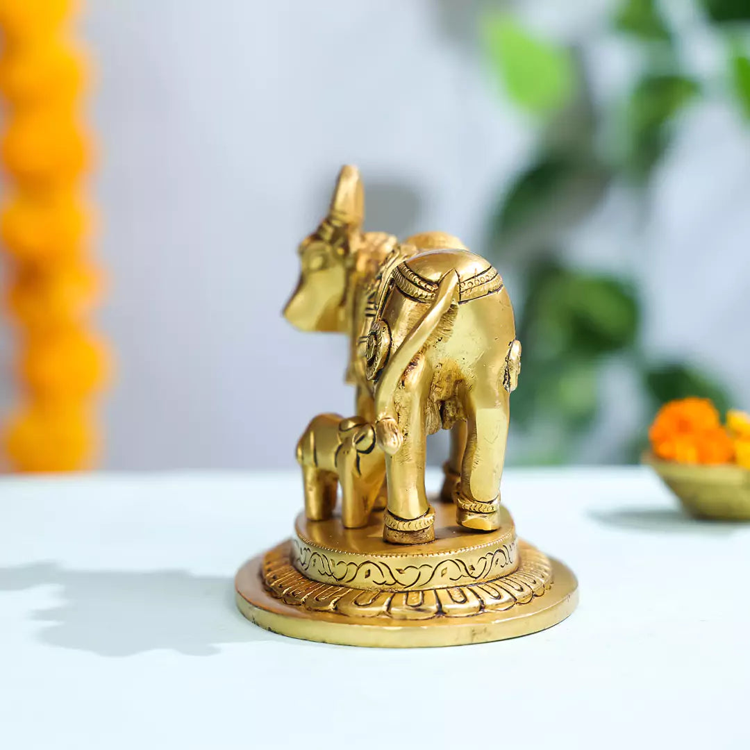 5" Brass Cow & Calf With Carved Radha Krishna Idol 1